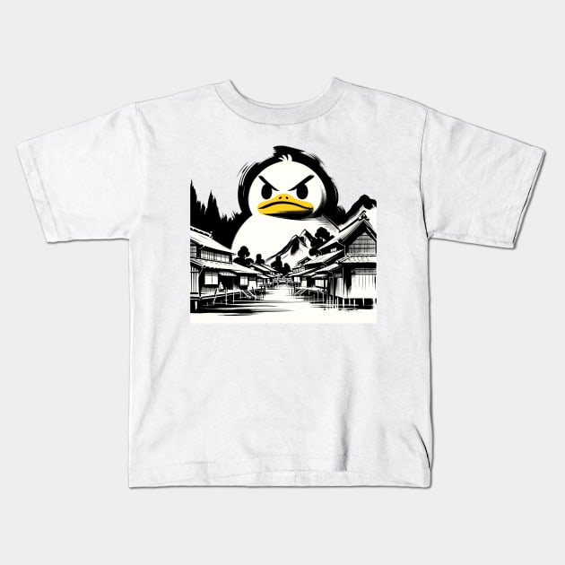 Japanese Big Duck Monster Pun Funny Duck Kids T-Shirt by KsuAnn